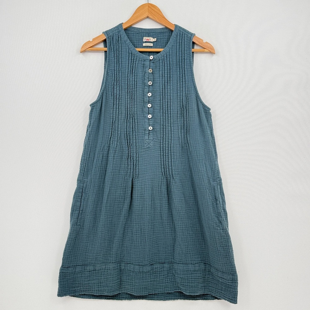 Faherty Gauze Dress Womens Medium Blue Pintuck Henley Organic Cotton Coastal